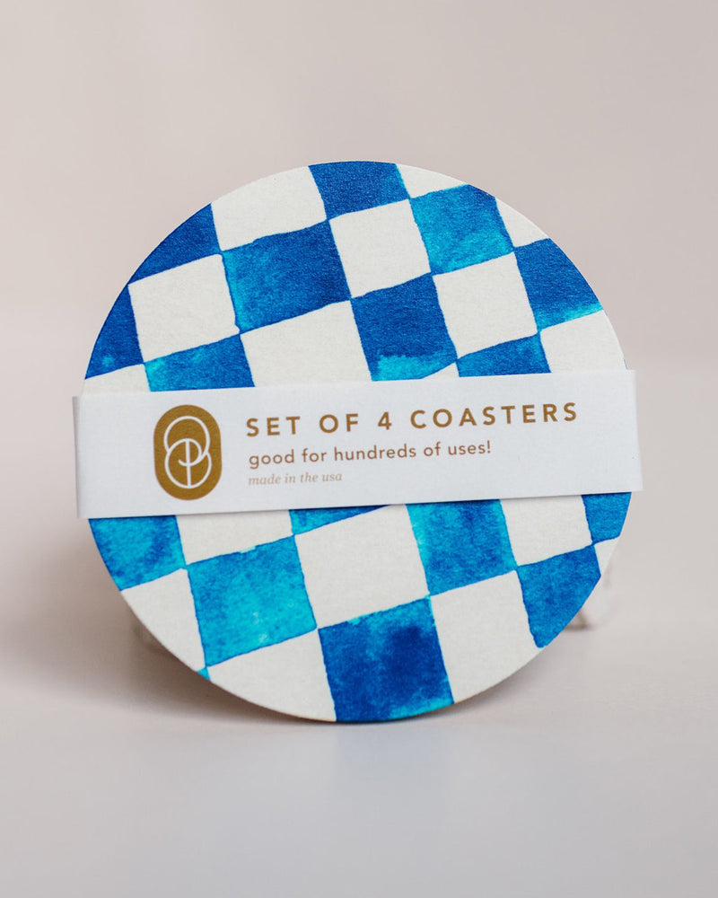Blue Checkered Reusable Chipboard Coasters, Set of 4