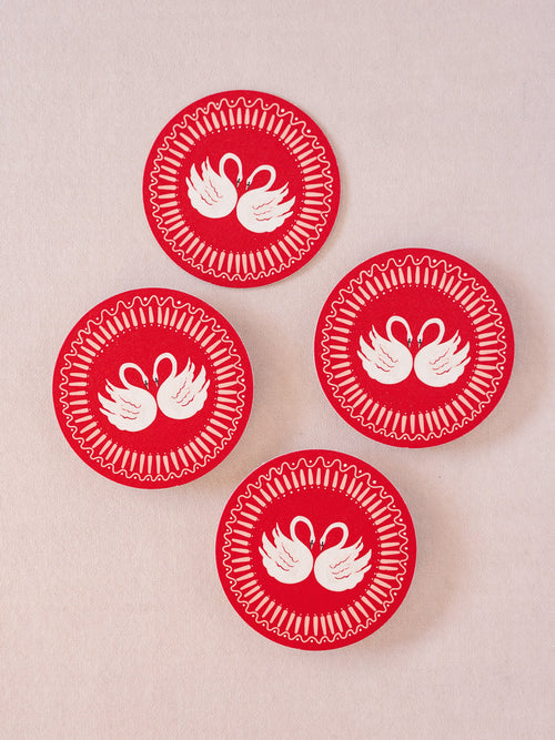 Rose Red Swan Romance Coasters, Set of 4