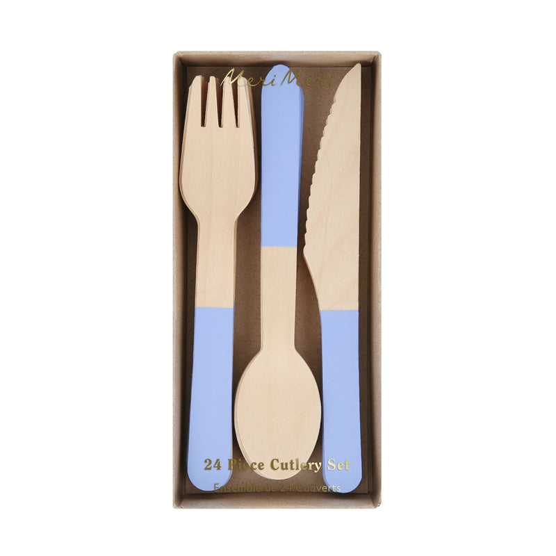 Cornflower Blue Wooden Cutlery Set, Pack of 24