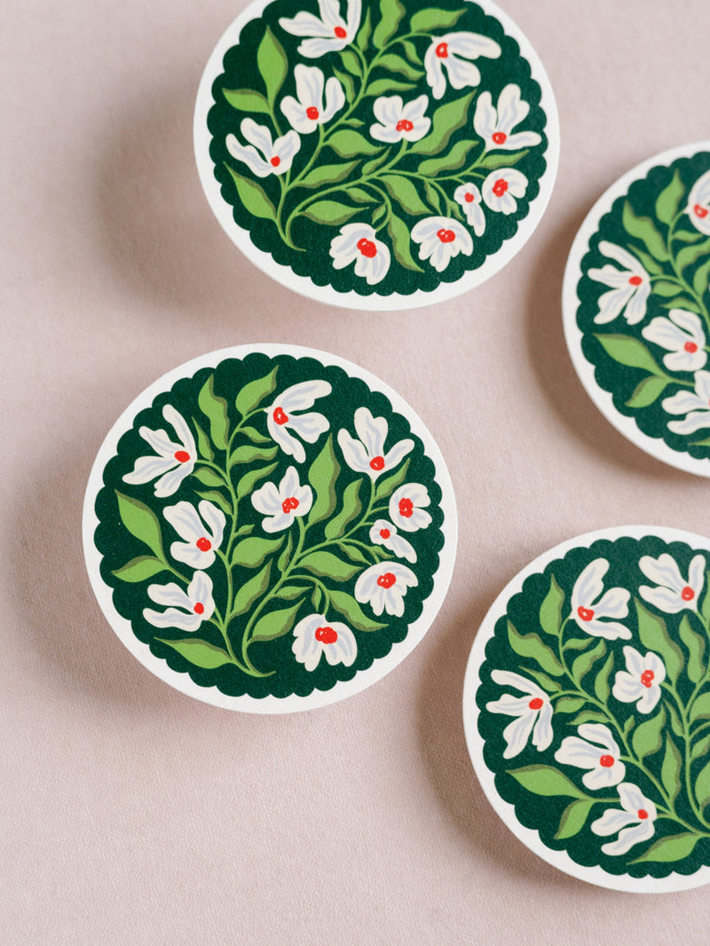 Green and Lavender Floral Scalloped Coasters, Set of 4