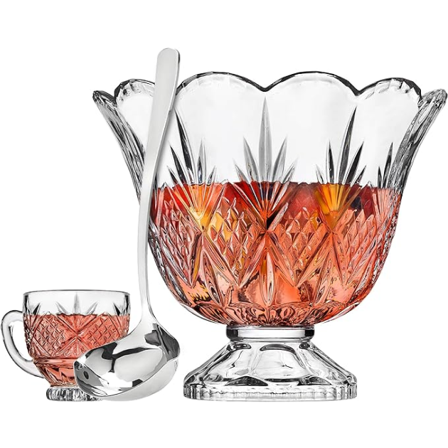 Crystal Punch Bowl Set with 8 Cups and Ladle - 10 Piece Set