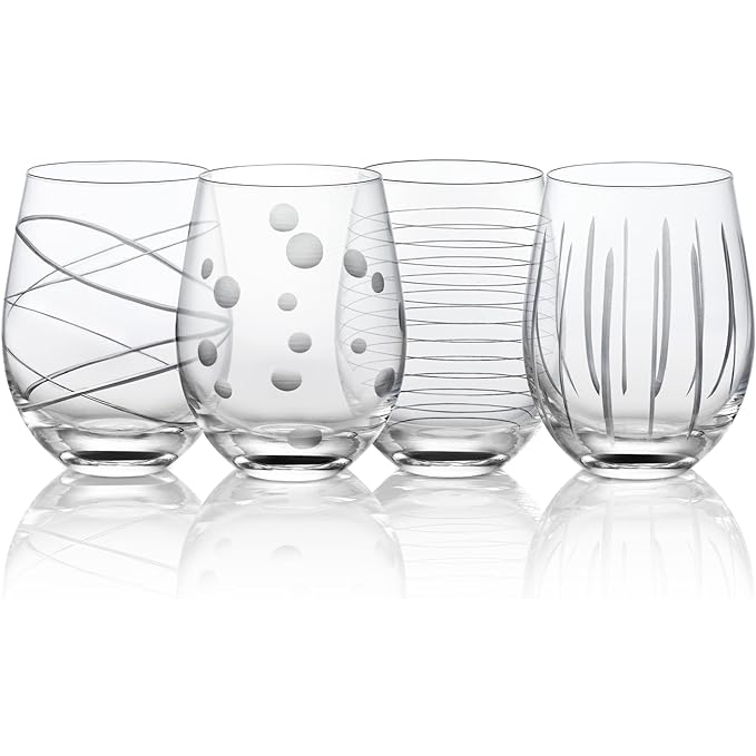 Hand Blown Etched Stemless Wine Glasses