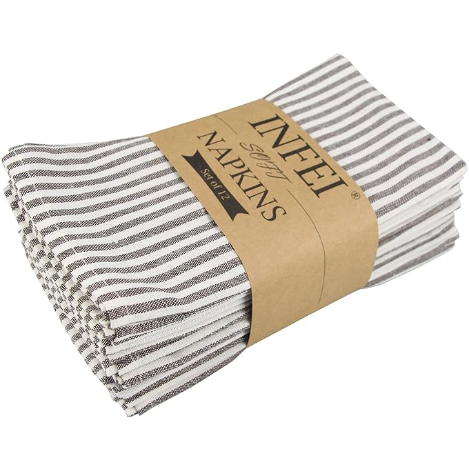 Striped Cotton Linen Blend Dinner Cloth Napkins - Set of 12