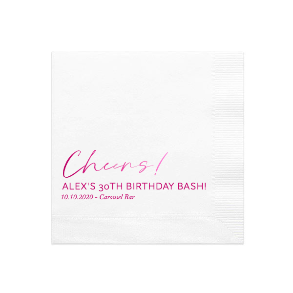 Script Cheers Custom Cocktail Napkin, Fuchsia Foil