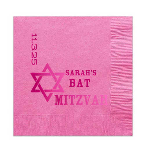 Star of David Bar or Bat Mitzvah Napkin, Fuchsia Foil