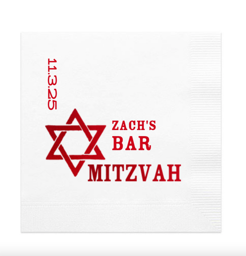 Star of David Bar or Bat Mitzvah Napkin, Red Foil