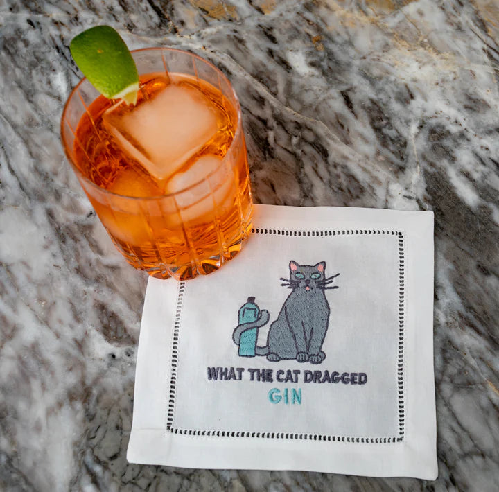 What the Cat Dragged Gin Linen Cocktail Napkin, Set of 4