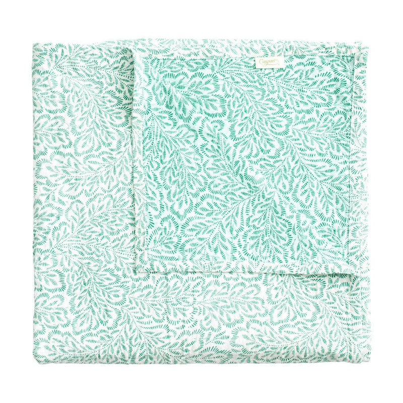 Reversible Kantha Table Cover in Green Block Print Leaves