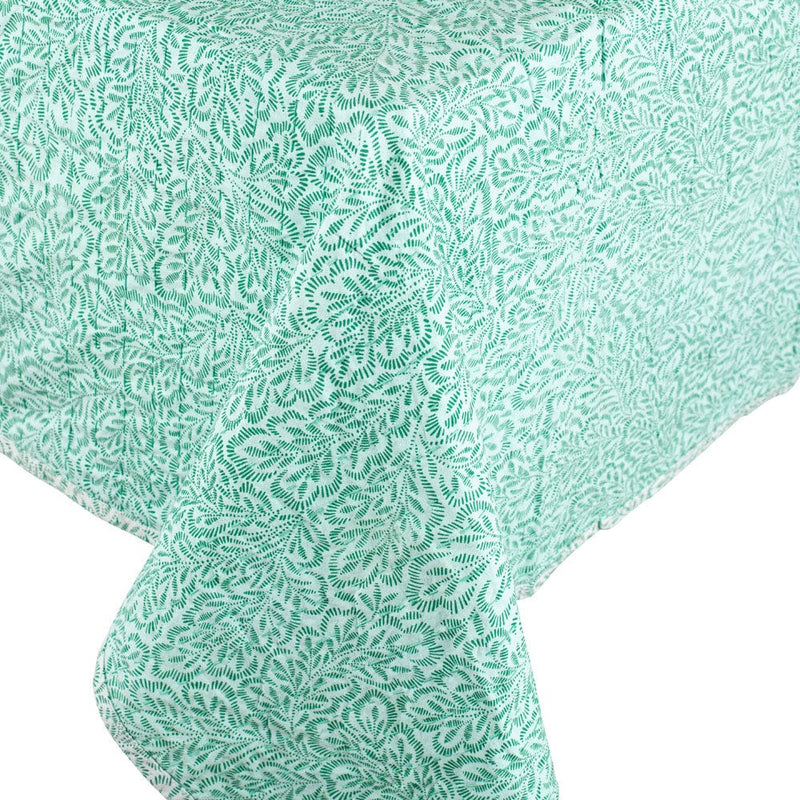 Reversible Kantha Table Cover in Green Block Print Leaves