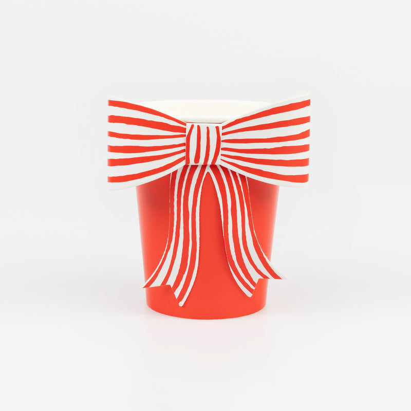 Red & White Stripy Bow Cups, Pack of 8