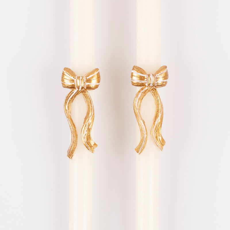 Gold Stripy Bow Table Candles, Pack of 2