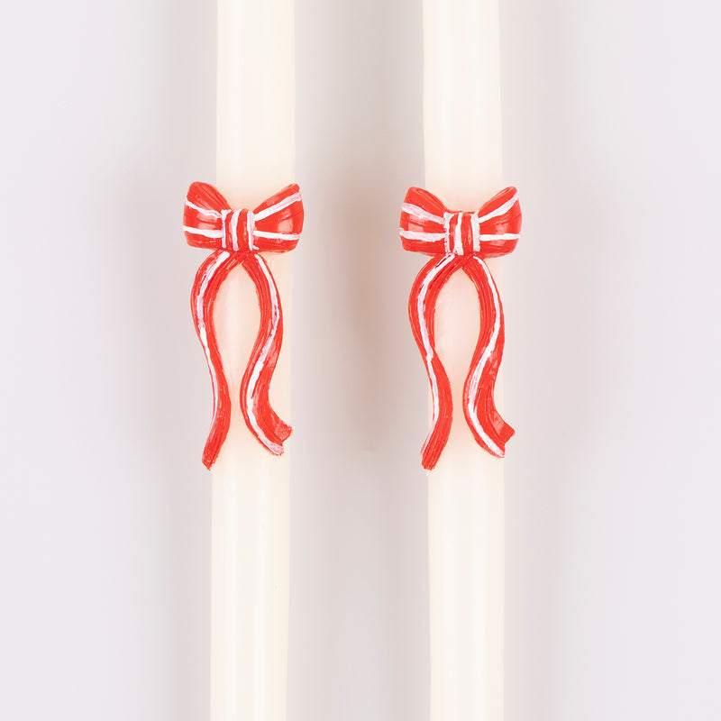 Red Stripy Bow Table Candles, Pack of 2