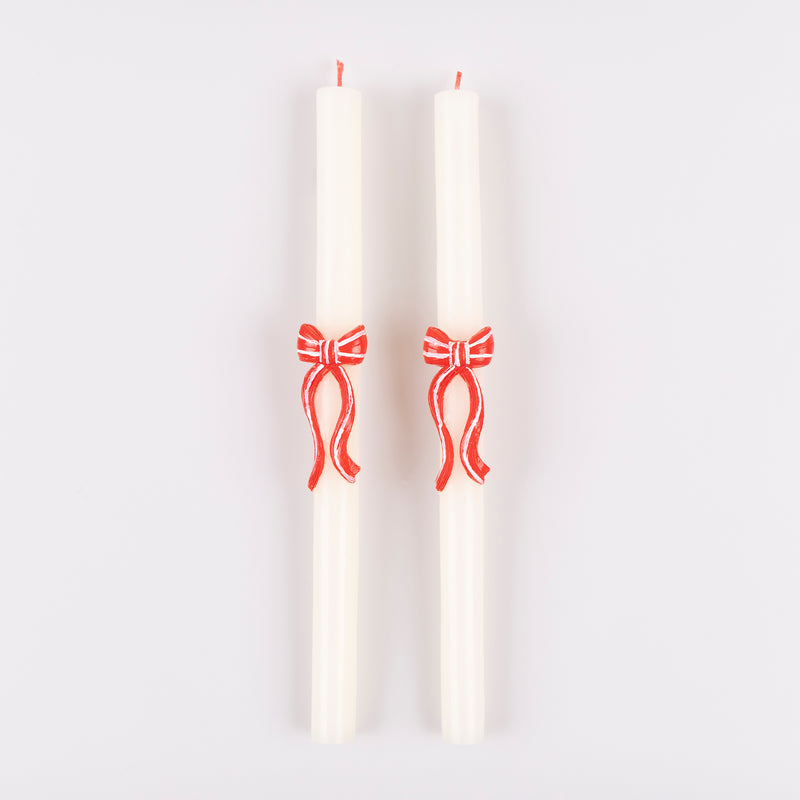Red Stripy Bow Table Candles, Pack of 2
