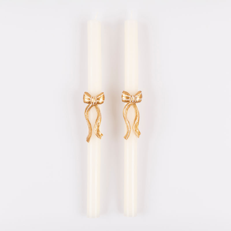 Gold Stripy Bow Table Candles, Pack of 2