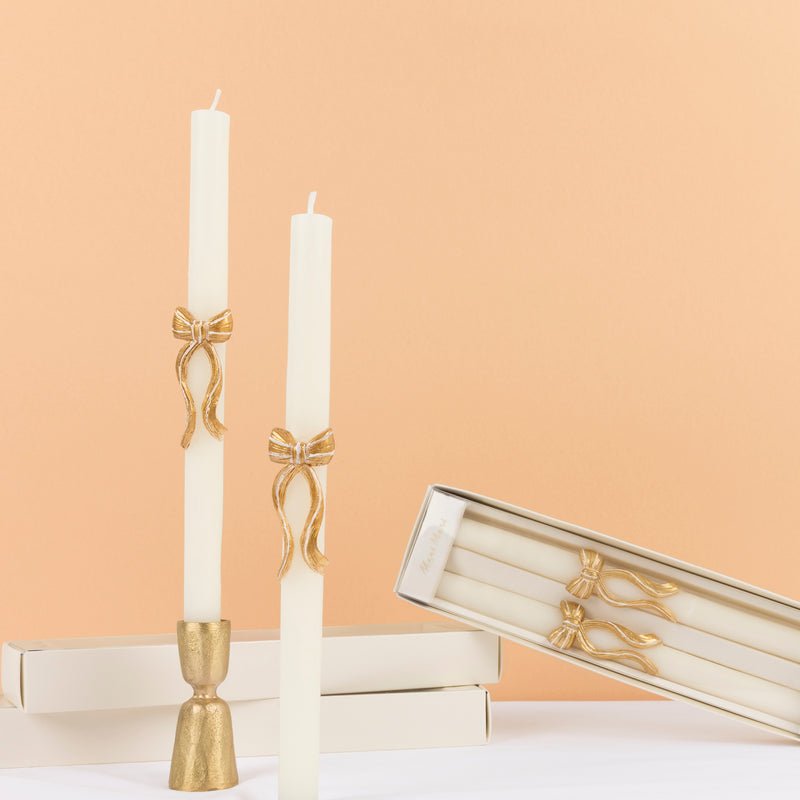 Gold Stripy Bow Table Candles, Pack of 2