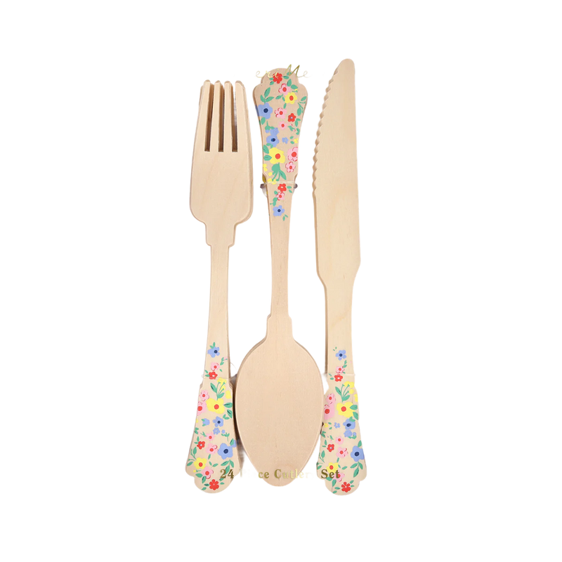 Elegant Floral Wooden Cutlery, Pack of 24