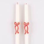 Red Stripy Bow Table Candles, Pack of 2