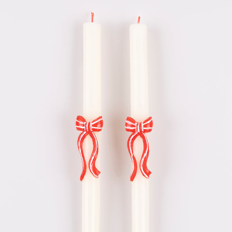 Red Stripy Bow Table Candles, Pack of 2