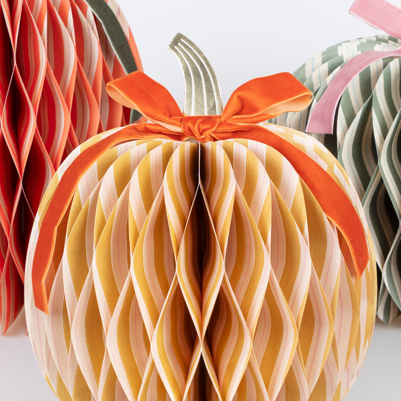 Fall Stripe Paper Honeycomb Pumpkins, Pack of 3