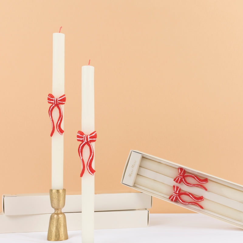 Red Stripy Bow Table Candles, Pack of 2