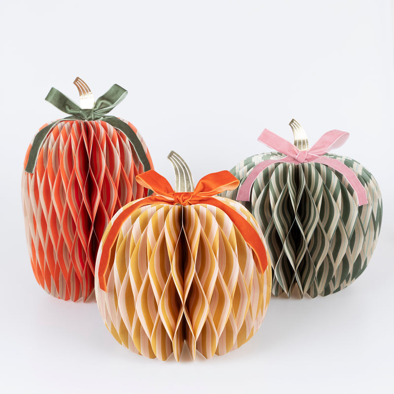 Fall Stripe Paper Honeycomb Pumpkins, Pack of 3