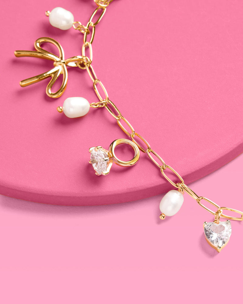 Bride Charm Bracelet - Gold, Rhinestones & Pearls