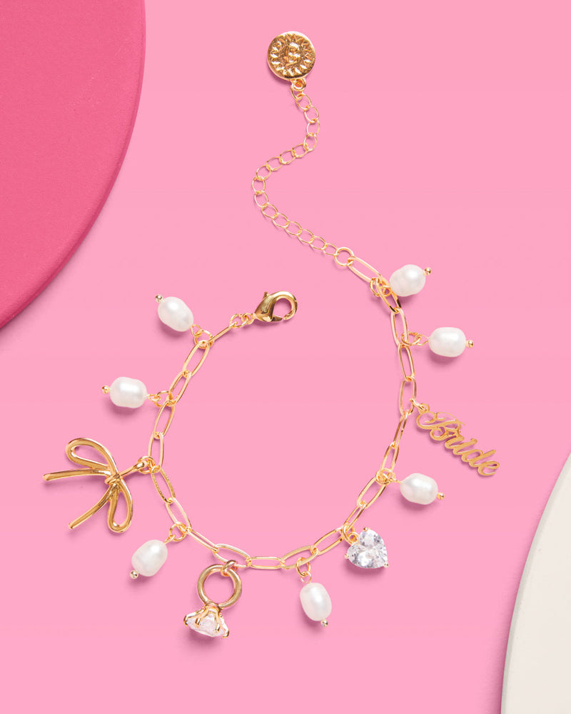 Bride Charm Bracelet - Gold, Rhinestones & Pearls