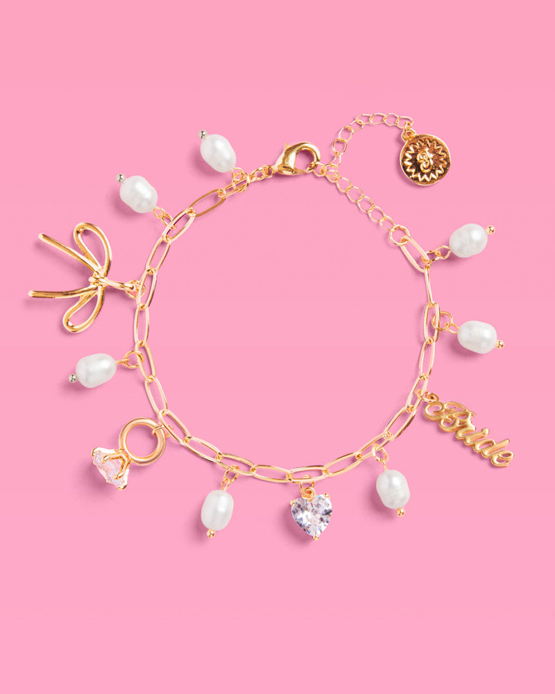 Bride Charm Bracelet - Gold, Rhinestones & Pearls