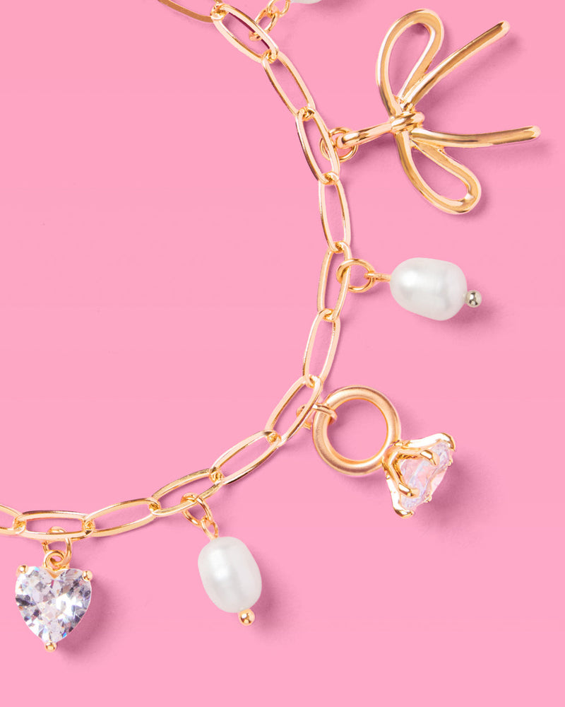Bride Charm Bracelet - Gold, Rhinestones & Pearls