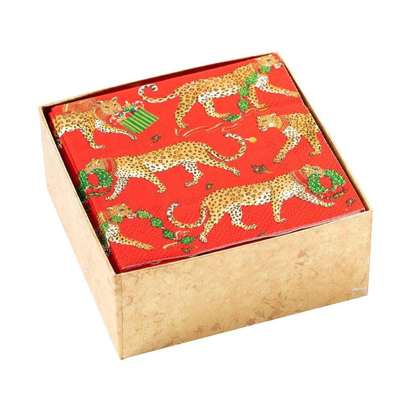 Christmas Leopards Boxed Paper Cocktail Napkins in Red - 40 Per Box
