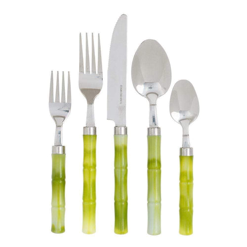 Bamboo Handle 5-Piece Stainless Steel Picnicware Set in Green