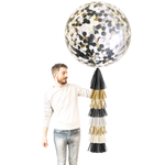 Jumbo Confetti Balloon & Tassel Tail - Black, White & Gold