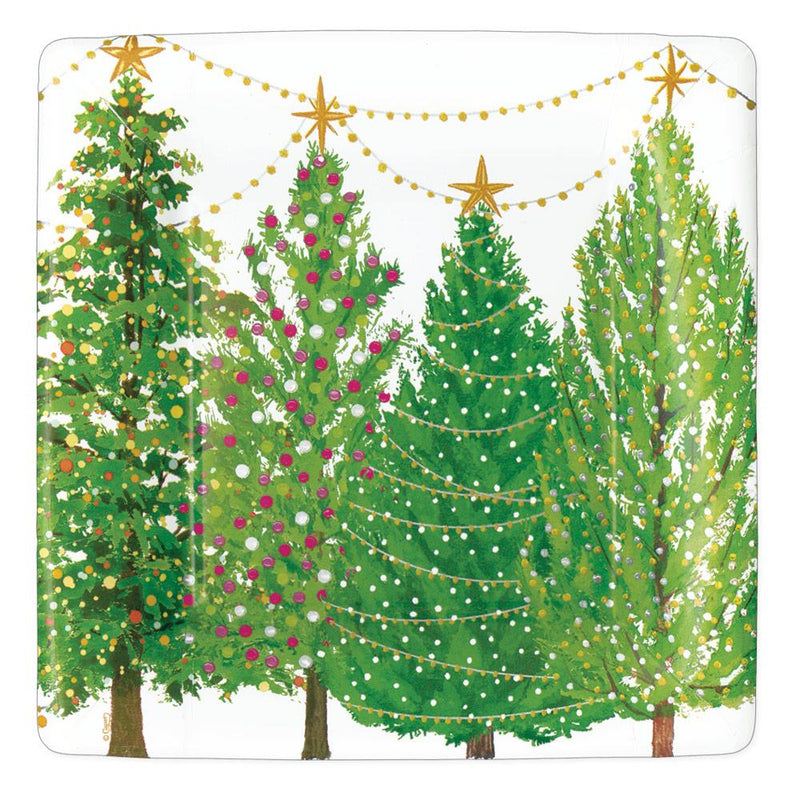 Caspari Christmas Trees with Lights Square Paper Dinner Plates - 8 Per Package 16150DP