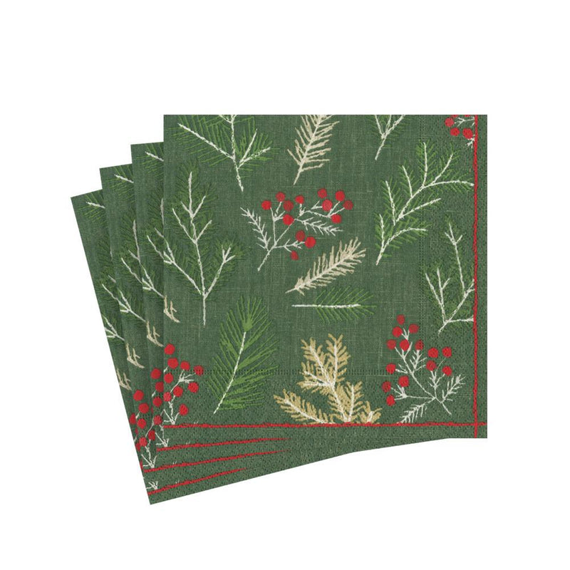 Caspari Sprigs and Berries Paper Cocktail Napkins in Evergreen - 20 Per Package 16691C