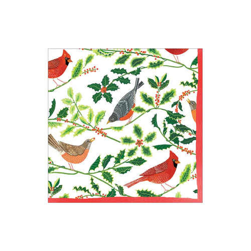Caspari Songbirds and Holly Paper Cocktail Napkins in White- 20 Per Package 17160C