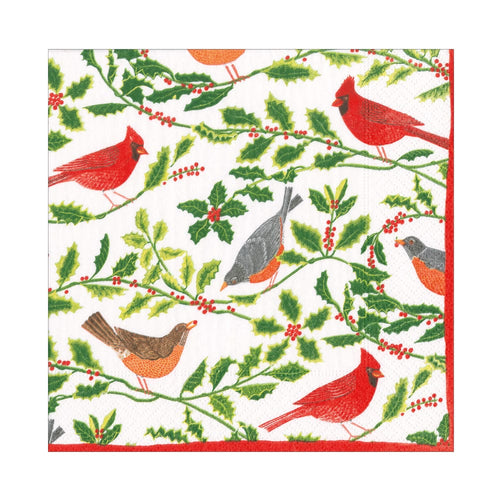Caspari Songbirds and Holly Paper Luncheon Napkins in White - 20 Per Package 17160L