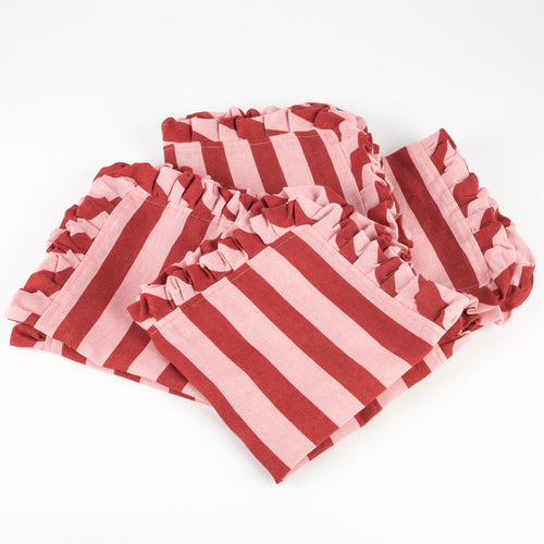 Red & Pink Stripe Ruffle Fabric Napkins, Pack of 4