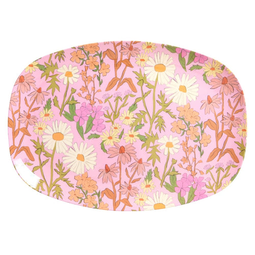 Soft Pink Daisy Print Medium Melamine Rectangular Plate