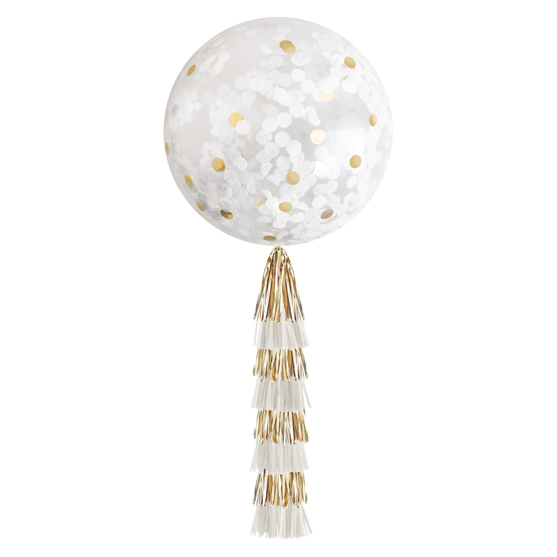 Jumbo Confetti Balloon & Tassel Tail - White & Gold