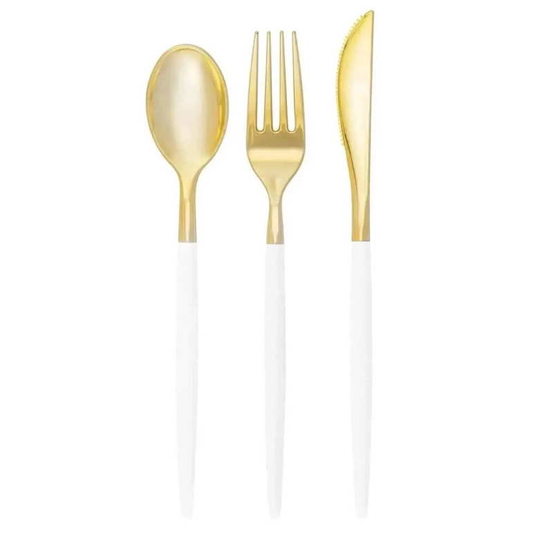 Modern White / Gold Cutlery, Mixed Pack of 32