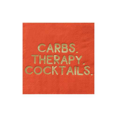 "Carbs, Therapy, Cocktails" Witty Cocktail Napkins, Pack of 20