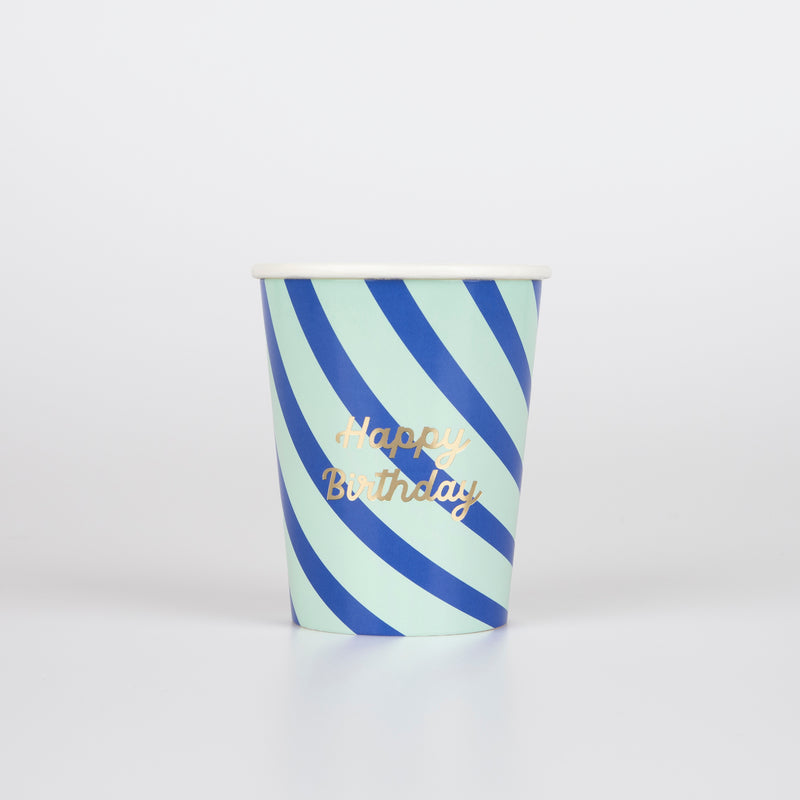 Stripe Happy Birthday Cups, Pack of 8
